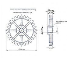 Carica l'immagine nel visualizzatore di Gallery, disegno tecnico dell ingranaggio ruota z28 per pigiadiraspatrice con indicazione delle quote diametro 133 mm e foro 18 mm