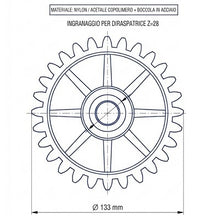 Carica l'immagine nel visualizzatore di Gallery, disegno tecnico dell ingranaggio ruota z28 per pigiadiraspatrice con indicazione delle quote diametro 133 mm e foro 18 mm