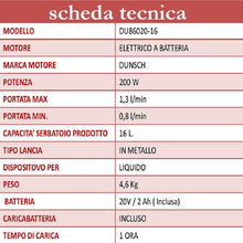 Carica l'immagine nel visualizzatore di Gallery, pompa irroratrice a spalla a batteria dunsch du86020 16 scheda