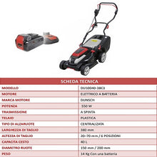 Carica l'immagine nel visualizzatore di Gallery, tagliaerba elettrico a batteria dunsch lea 550w du10040 38c3 scheda tecnica con batteria e caricabatteria
