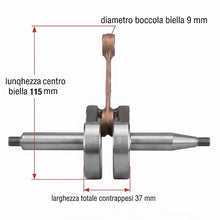 Carica l'immagine nel visualizzatore di Gallery, albero motore cilindrico GMP B362 completo di biella e contrappesi con misure tecniche indicate
