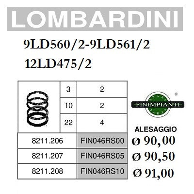 serie fasce per pistone diametro 90 mm per motori lombardini 9ld560/2 9ld561/2 12ld475/2 codice 8211206 fin046rs00 8211207 fin046rs05 8211208 fin046rs10