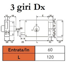 Carica l&#39;immagine nel visualizzatore di Gallery, serratura dx portoncino per serramenti in legno da applicare 3 giri doppio cilindro entrata 60 mm 3 chiavi 310a wally
