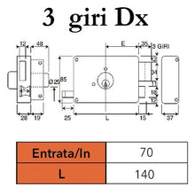 Carica l&#39;immagine nel visualizzatore di Gallery, serratura dx portoncino per serramenti in legno da applicare 3 giri doppio cilindro entrata 70 mm 3 chiavi 310a wally
