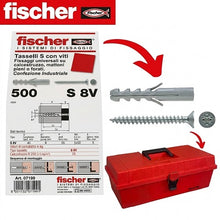 Carica l'immagine nel visualizzatore di Gallery, valigetta con tassello fischer s 8x40 v con vite per fissaggio universale su calcestruzzo mattoni pieni e forati confezione industriale 500 pezzi
