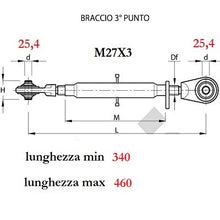 Carica l&#39;immagine nel visualizzatore di Gallery, braccio terzo punto meccanico categoria 2 m27x3 fori da 25,4 e 25,4 millimetri lunghezza minima 340 e massima 460 millimetri 
