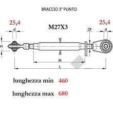 Carica l&#39;immagine nel visualizzatore di Gallery, braccio terzo punto meccanico categoria 2 m27x3 fori da 19 e 25,4 millimetri lunghezza minima 460 e massima 680 millimetri 
