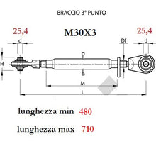 Carica l&#39;immagine nel visualizzatore di Gallery, braccio terzo punto meccanico categoria 2 m30x3 fori da 25,4 e 25,4 millimetri lunghezza minima 480 e massima 710 millimetri 

