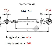 Carica l&#39;immagine nel visualizzatore di Gallery, braccio terzo punto meccanico categoria 2 m40x3 fori da 25,4 millimetri lunghezza minima 635 e massima 860 millimetri 
