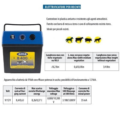 elettrificatore recinto elettrico a batteria 9v 12v ama b 400