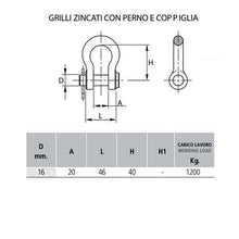 Carica l&#39;immagine nel visualizzatore di Gallery, grillo zincato con perno e coppiglia diametro 16 con carico lavoro kg 1200
