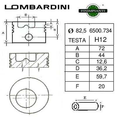 pistone completo lombardini diametro 82,5 millimetri per motore 6ld360 cilindro sfilabile codice 6500734 finimpianti fin152pc05