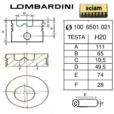 pistone completo lombardini diametro 100 mm per motore lda100 4ld705 codice 6501021