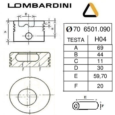pistone completo lombardini diametro 70,00 mm per motore lda500 6ld500 codice 6501090