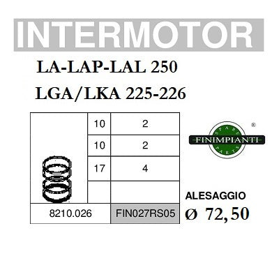 serie fasce elastiche per pistone diametro 72,50 mm per motori intermotor la lap lal 250 lga/lka 225 226 codice 8210026