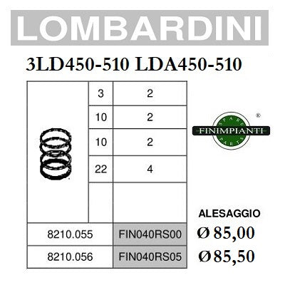 serie segmenti fasce lombardini 3ld450 510 lda450 510 diametro 85 85,5 8210055 8210056 fin040rs00 fin040rs05