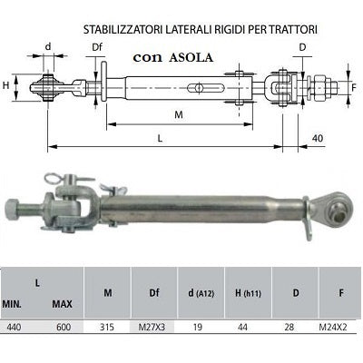 stabilizzatore laterale rigido con asola m27x3 con foro da 19 mm m24x2 con apertura minima 440 e massima 600 millimetri