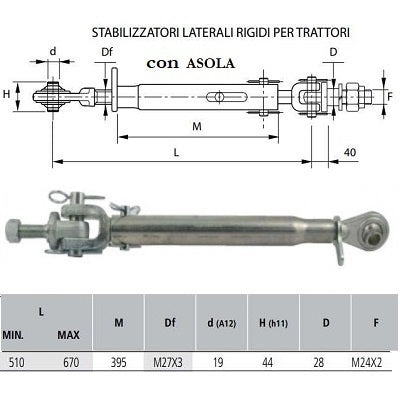 stabilizzatore laterale rigido con asola m27x3 con foro da 19 mm m24x2 con apertura minima 510 e massima 670 millimetri