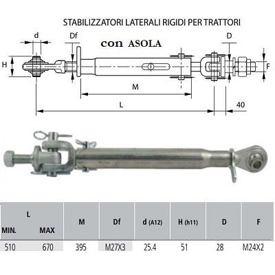 stabilizzatore laterale rigido con asola m27x3 con foro da 25,4 mm m24x2 con apertura minima 510 e massima 670 millimetri