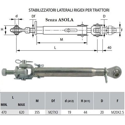 stabilizzatore laterale rigido senza asola m27x3 con foro da 19 mm m20x2,5 con apertura minima 470 e massima 620 millimetri