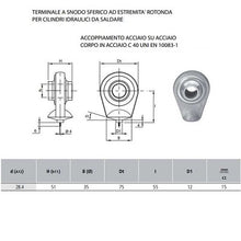 Carica l&#39;immagine nel visualizzatore di Gallery, terminale a snodo sferico estremità rotonda per cilindri idraulici da saldare diametro 28,4 mm
