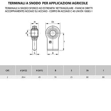 Carica l&#39;immagine nel visualizzatore di Gallery, terminale a snodo sferico con estremità rettangolare a fianchi diritti diametro 28,4x45 mm categoria 2 accoppiamento acciaio su acciaio
